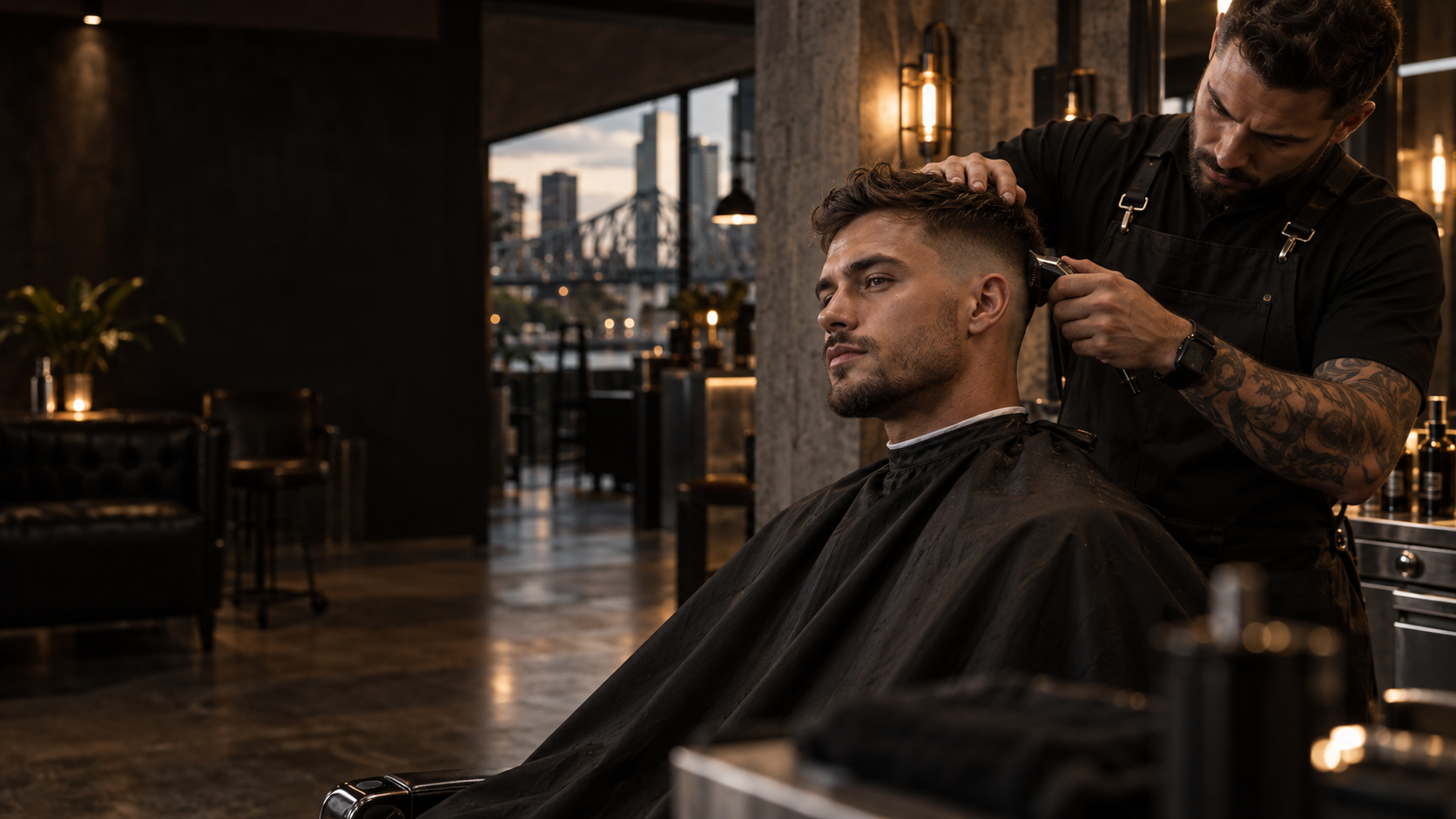 A barber giving a client a precision haircut in a modern Brisbane barbershop